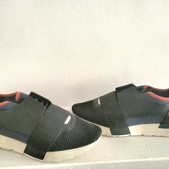 Balenciaga Women Shoes Race Runners Leather Size 39 9 Black Blue Sneakers - Picture 2 of 12